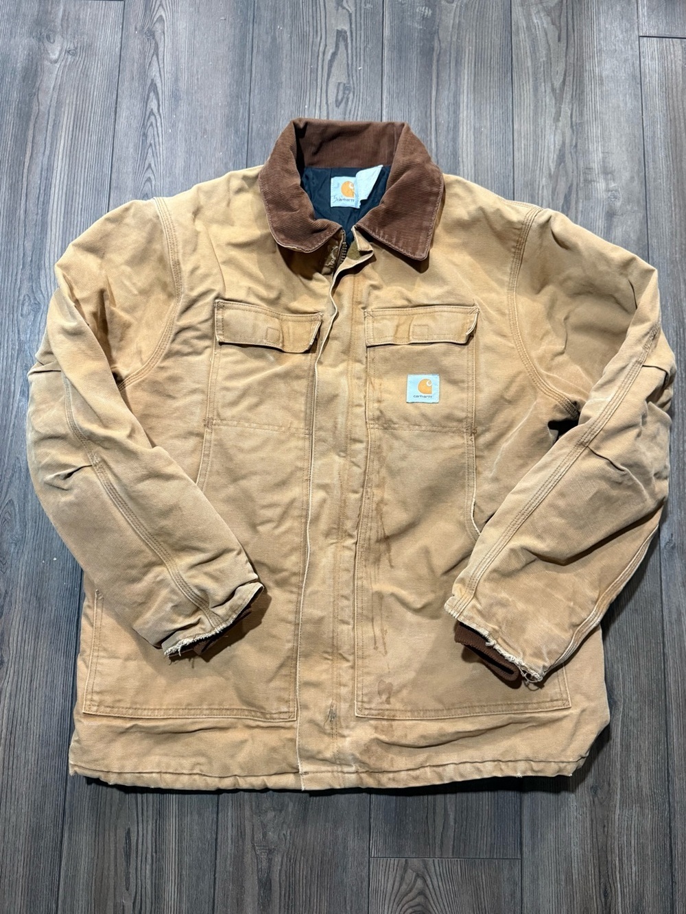 Vintage 90s Carhartt Duck Canvas Work Jacket Blanket Lined Tan Distressed USA